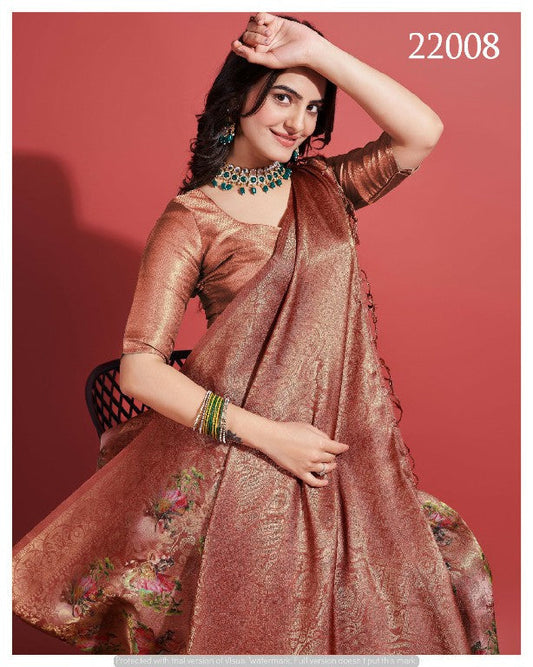 Digital Printed Soft Silk Saree Brown Traditional Festive Style | Premium Collection