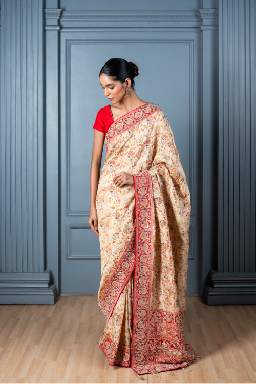Beige Red Border Embroidered Designer Saree