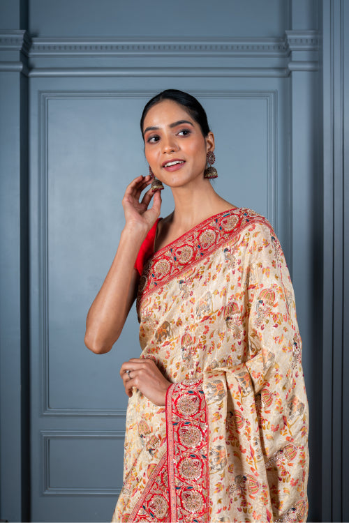Beige Red Border Embroidered Designer Saree