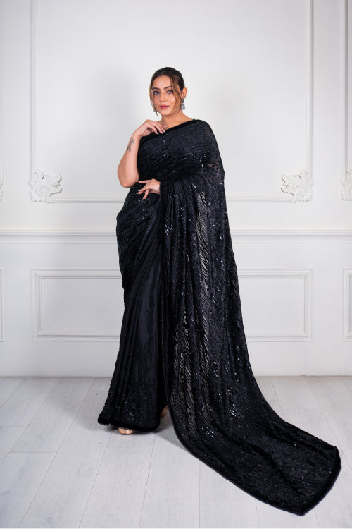 Black Sequin Work Designer Saree