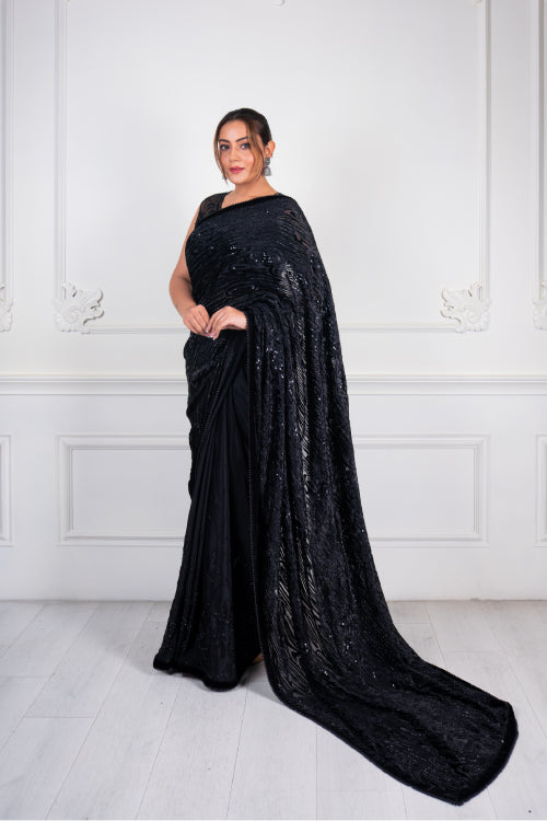 Black Sequin Work Designer Saree