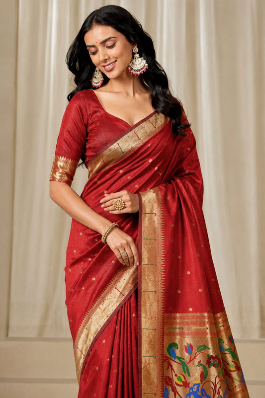 Red Jacquard Paithani-Pattern Saree with Colourful Peacock Pallu