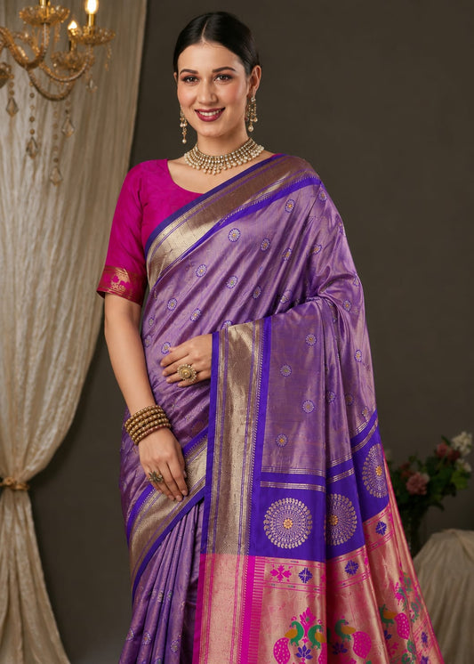 Purple Jacquard Paithani-Pattern Saree with Pink Peacock Pallu