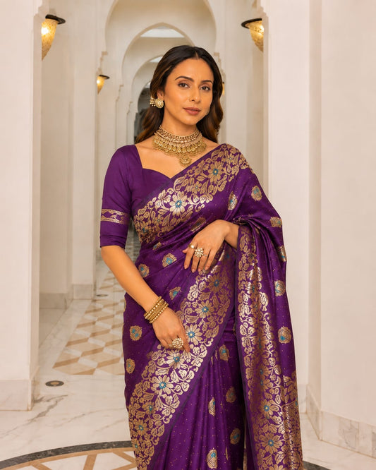 Deep Purple Jacquard Paithani-Pattern Saree with Ornate Floral Border