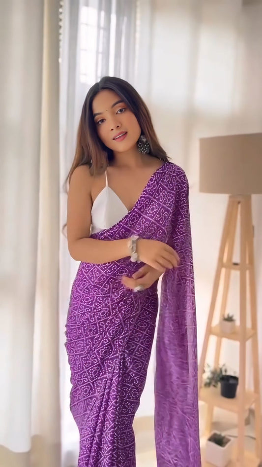 Pure Purple Soft Georgette Bandhani Digital Print Ready To Wear Saree
