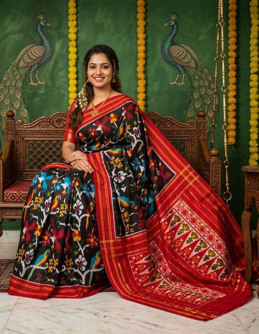 Black Barista Soft Silks Saree with Red Multicolor Floral Print | Premium Collection