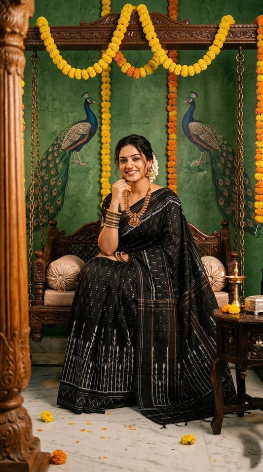 Black Barista Soft Silks Saree with Traditional Ethnic Pattern | Premium Collection