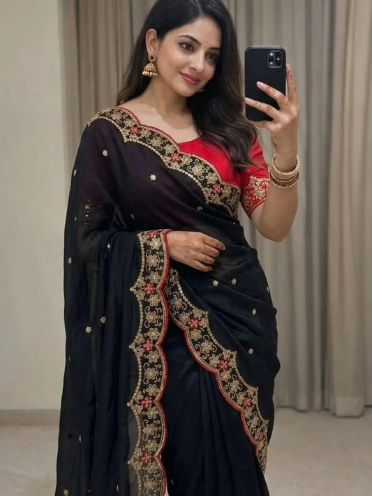 Black Star Georgette Embroidery Saree with Fancy Embroidered C-Pallu – Sanskriti Saree