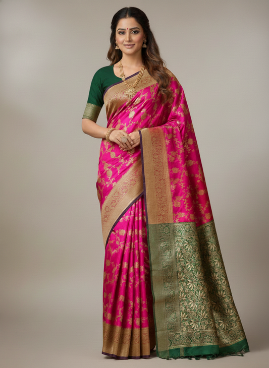 Beautiful Jaquard Saree For Women - Pink