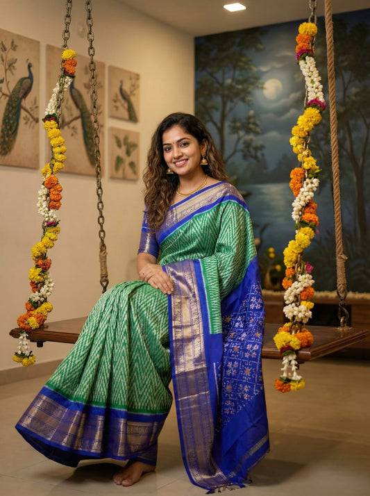 Green Handloom Pattu Silk Saree with Royal Blue Traditional Zari Border | Premium Collection