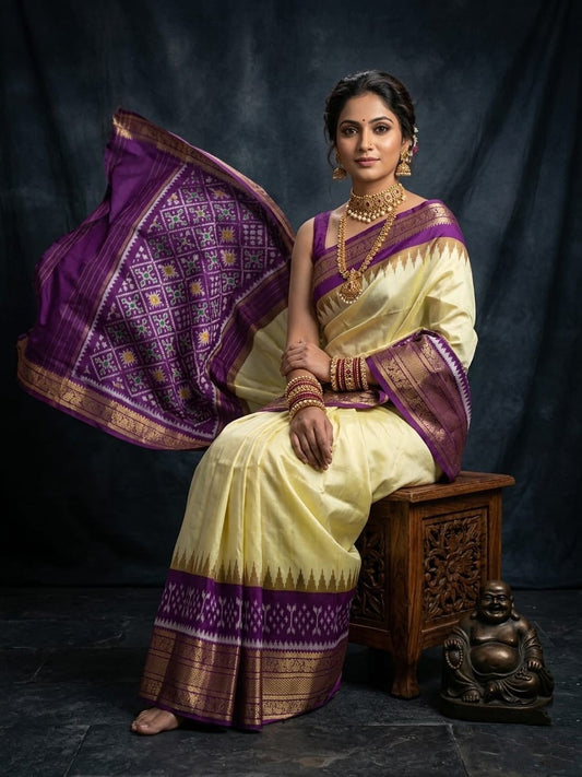 Ivory Handloom Pattu Silk Saree with Purple Rich Temple Border | Premium Collection