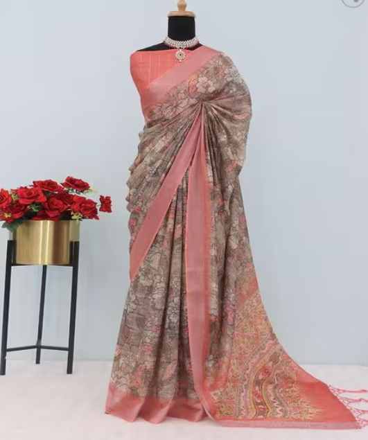 Earthy Rose Gold Floral Digital Print Cotton Linen Chanderi Saree – Sanskriti Saree