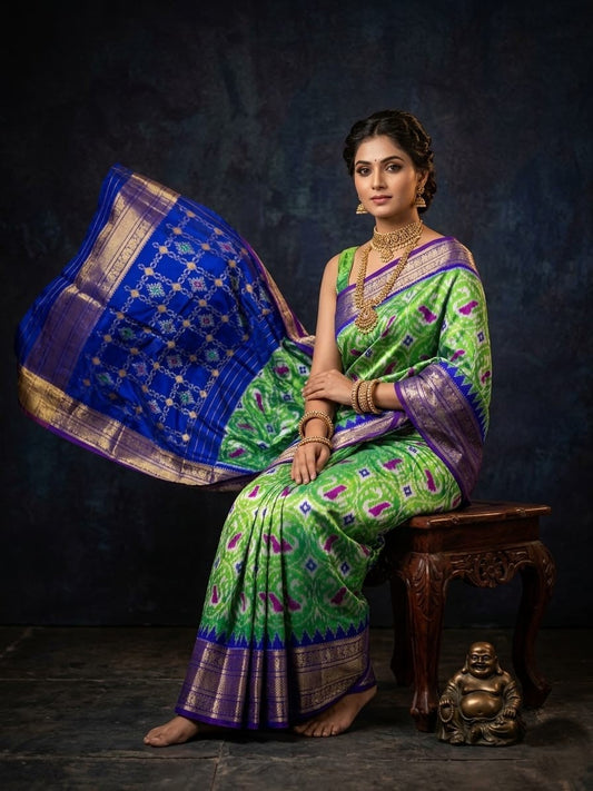 Light Green Handloom Pattu Silk Saree with Royal Blue Traditional Border | Premium Collection