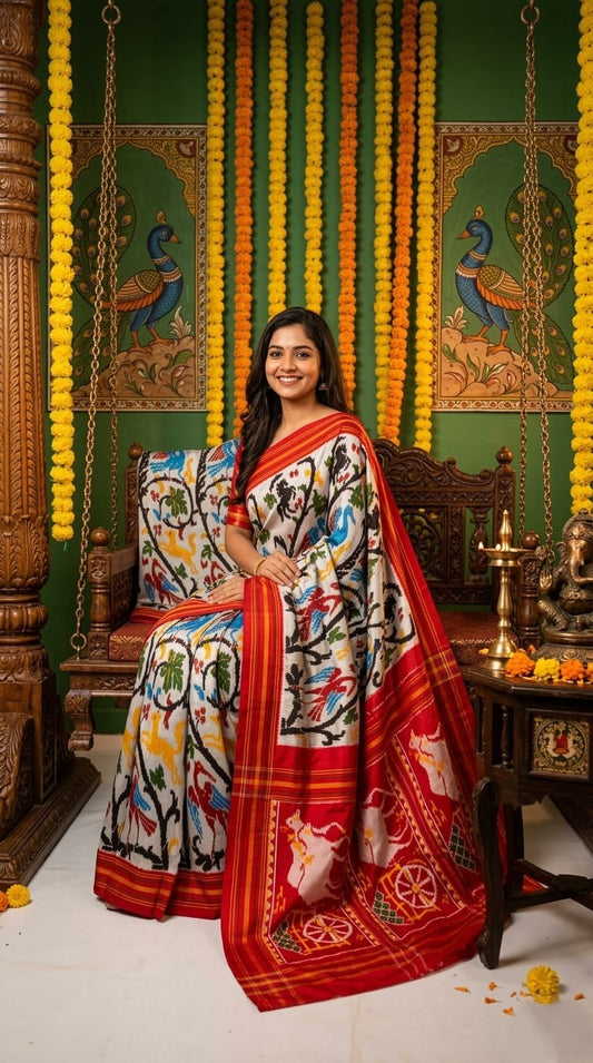 White Barista Soft Silks Saree with Red Artistic Printed Border | Premium Collection