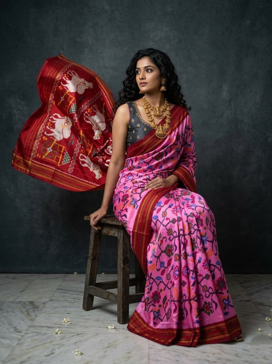 Pink Barista Soft Silks Saree with Red Artistic Printed Pallu | Premium Collection