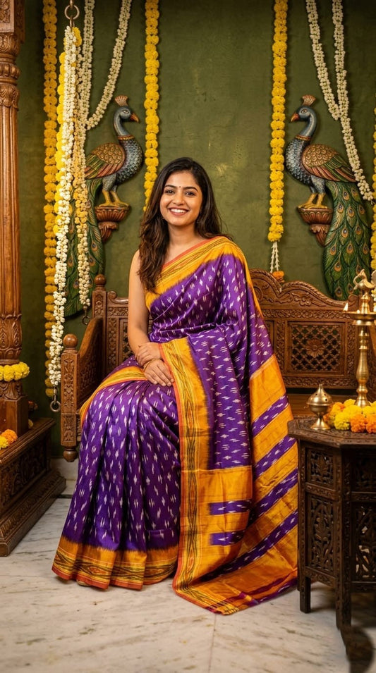 Purple Barista Soft Silks Saree with Mustard Traditional Border | Premium Collection