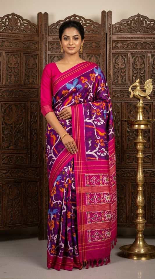 Purple Barista Soft Silks Saree with Pink Artistic Printed Border | Premium Collection