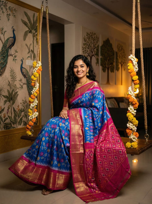 Royal Blue Handloom Pattu Silk Saree with Pink Banarasi Style Pallu | Premium Collection