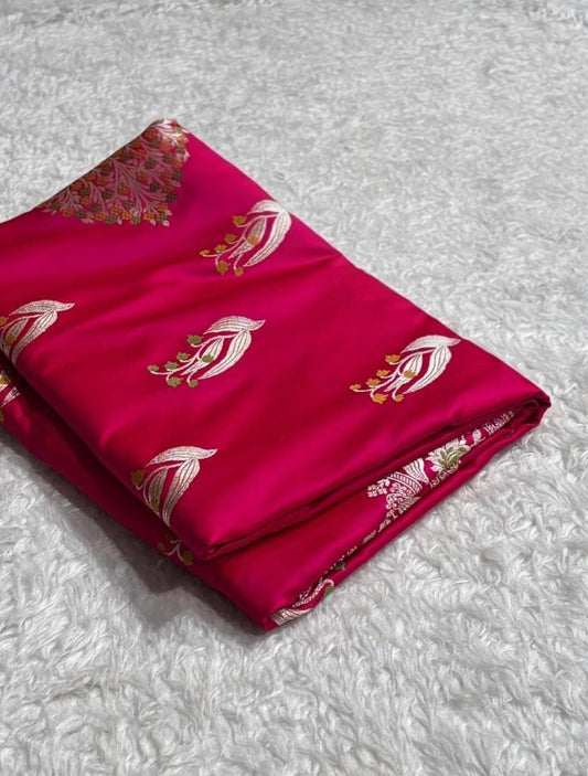 Pink Banarasi Handloom Minakari Mashru Silk Saree with Zari Border