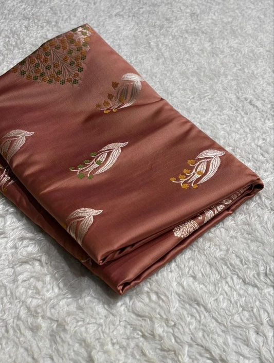 Brown Banarasi Handloom Minakari Mashru Silk Saree with Zari Border