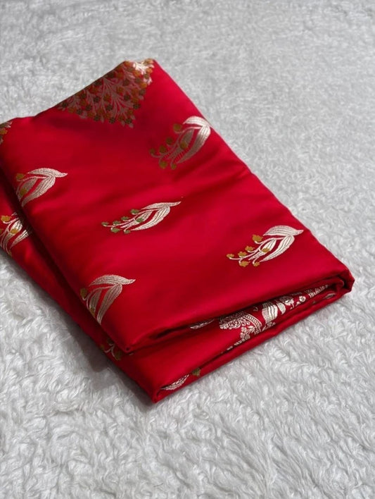 Red Banarasi Handloom Minakari Mashru Silk Saree with Zari Border