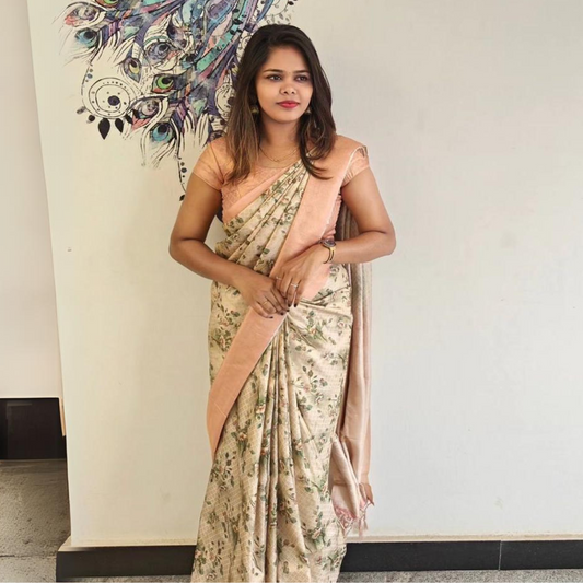 Elegant Grey Soft Silk Saree With Digital Print Traditional Touch | Premium Collection