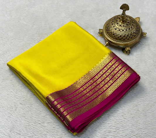 Festive Wear Yellow Mysore Silk Saree With Plain Look | Premium Collection