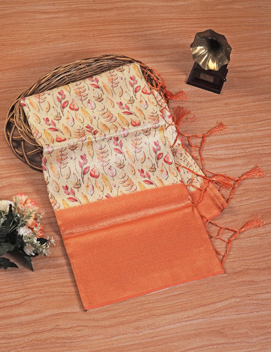 Graceful Orange Soft Silk Saree With Digital Ethnic Design | Premium Collection