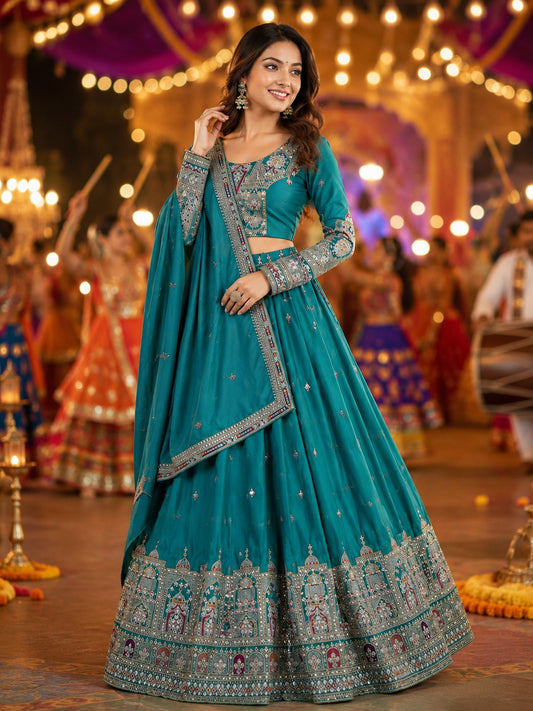 Premium Teal embellished Sequinned Lehenga With Blouse & Dupatta