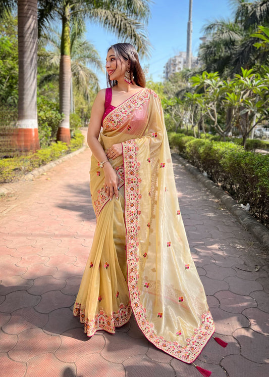 Designer Embroidery Twill Net Saree - Golden Beige