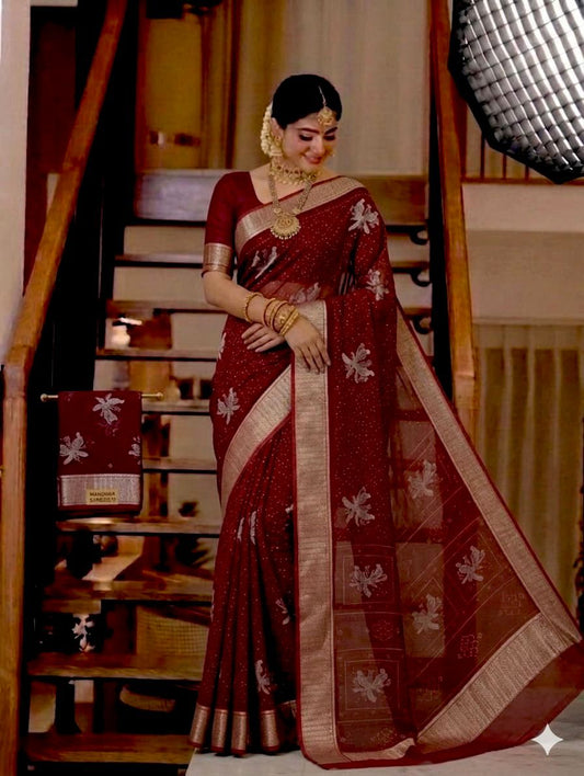 Banarasi Silk Saree in Maroon Red with Zari Buti Weave – Sanskriti Saree