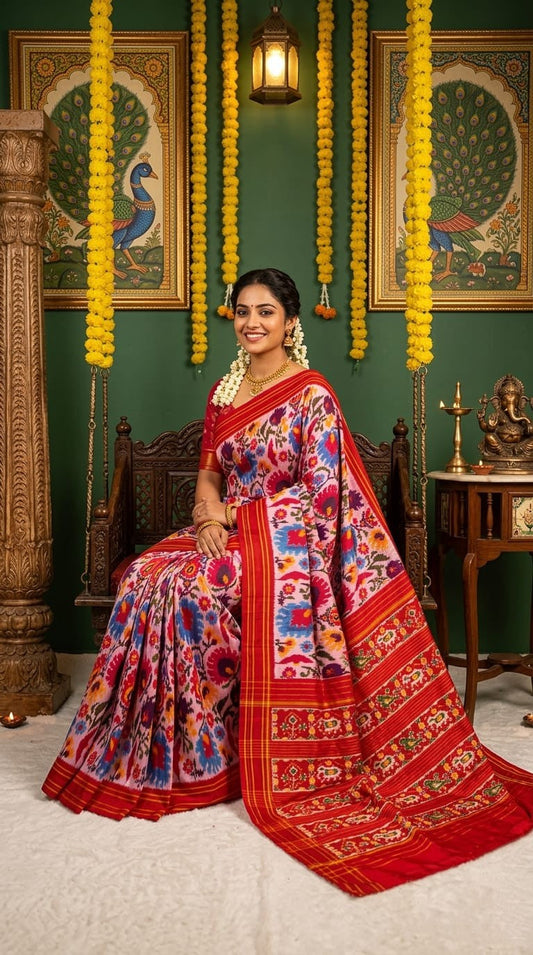 White Barista Soft Silks Saree with Red Designer Artistic Print | Premium Collection