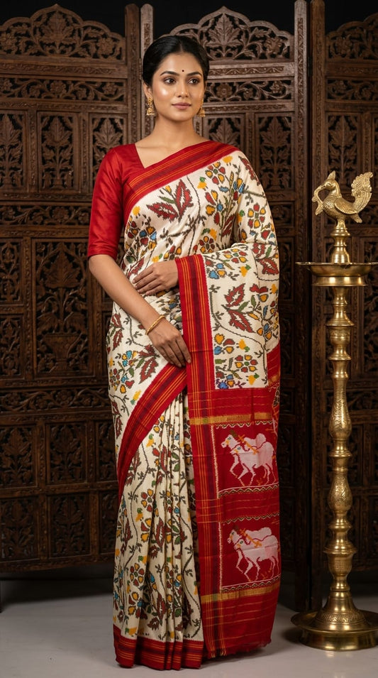 White Barista Soft Silks Saree with Red Rich Ethnic Border | Premium Collection