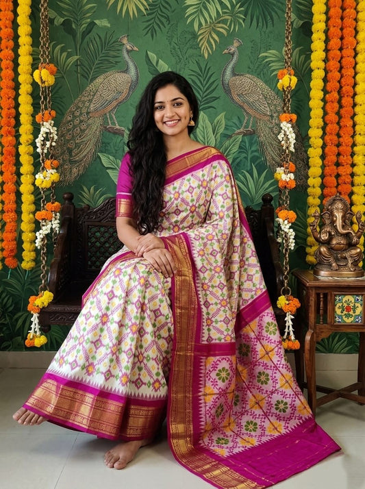 White Handloom Pattu Silk Saree with Pink Floral Designer Weaving | Premium Collection