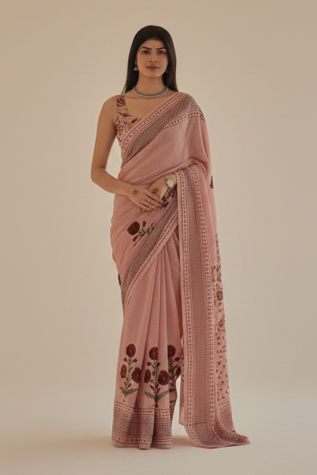 Dusty Rose Pink Floral Print Linen Cotton Saree – Sanskriti Saree