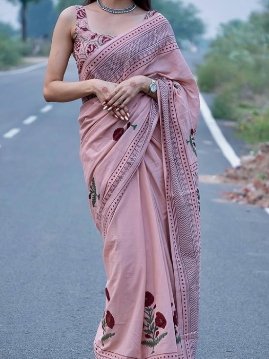 Dusty Rose Pink Floral Print Linen Cotton Saree – Sanskriti Saree