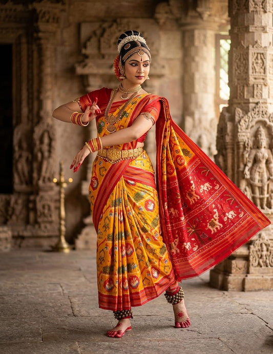 Yellow Barista Soft Silks Saree with Red Traditional Temple Print | Premium Collection