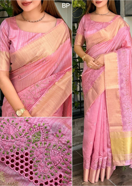 Pink saree with gold border worn by a person, close-up of intricate design, and full view of saree.