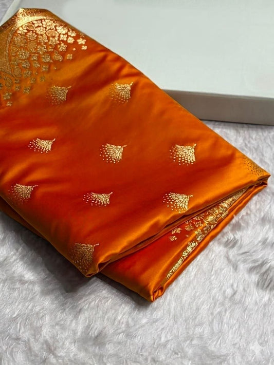 Banarasi Satin Silk Saree in Fire Gold with Traditional Booti Weaving