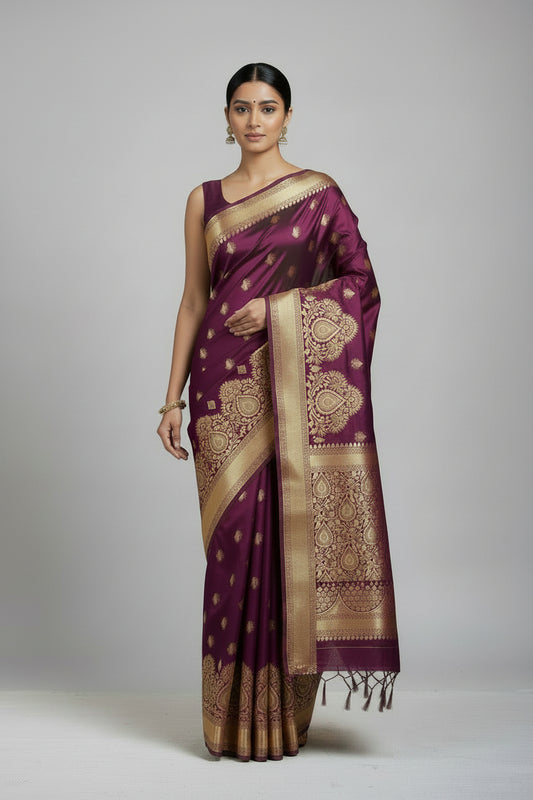 Purple fabric with intricate gold patterns on a light gray background