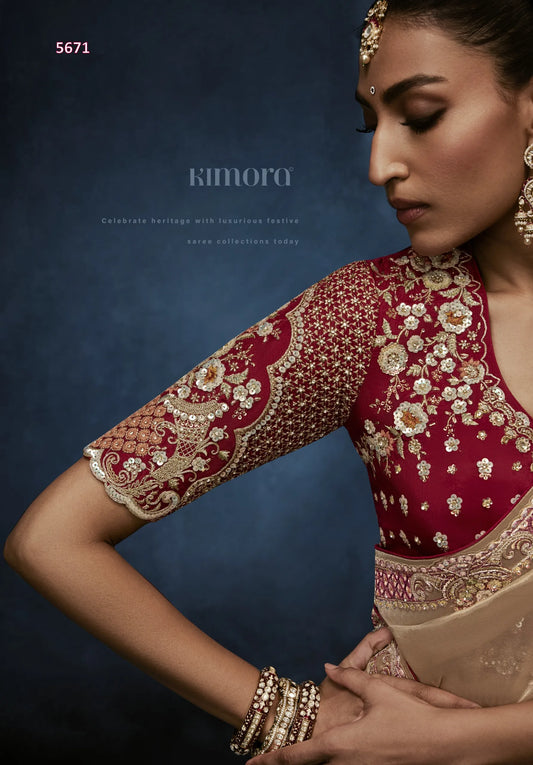 Champagne Luxe Fancy Tissue Saree with Zardozi Scroll Border & Crimson Ready Blouse