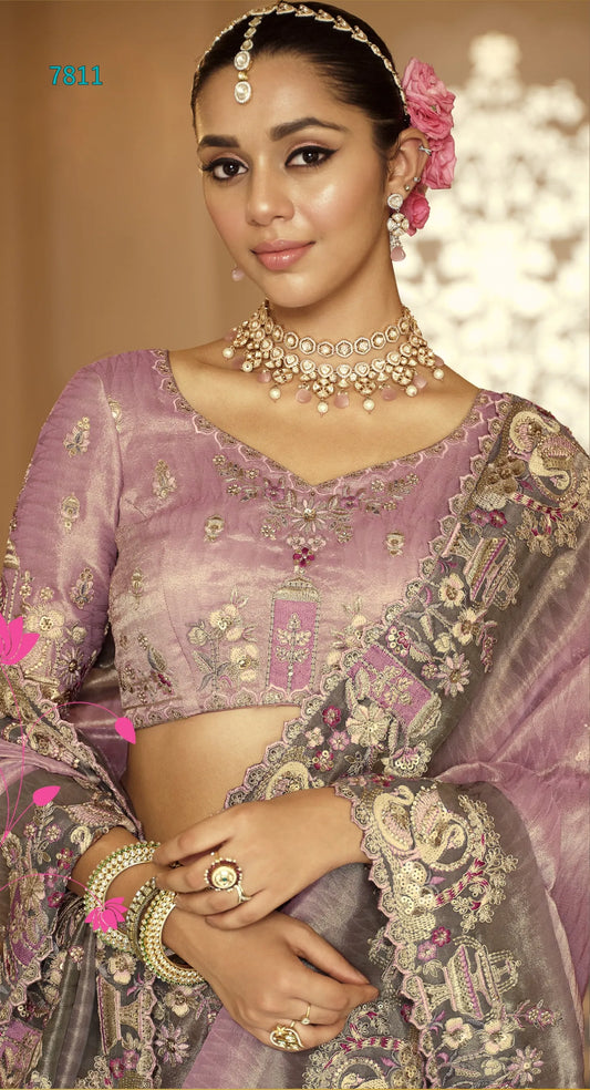Chandrakaanta Tissue Silk Saree | Lilac & Silver Dual-Tone Bridal Saree with Zardozi Border