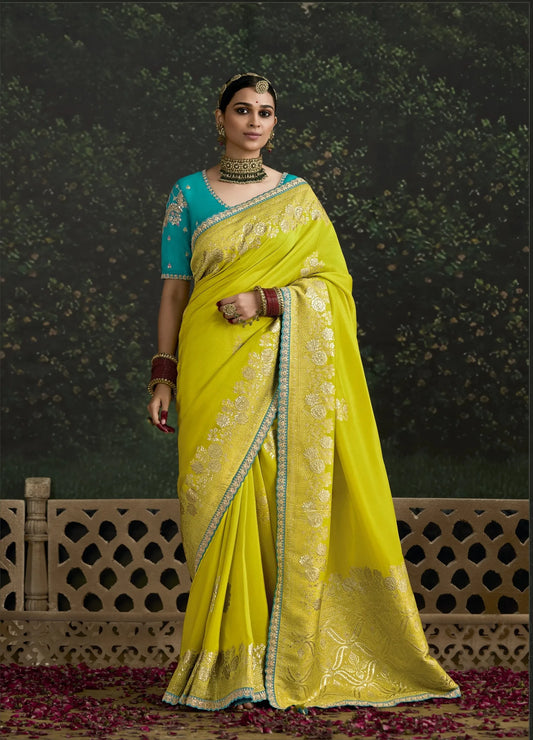 Citrus Olive Bloom Pure Dola Silk Saree