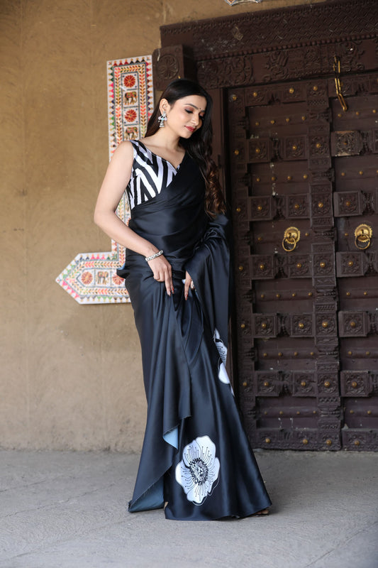 Bold Floral Print Satin Drape Saree