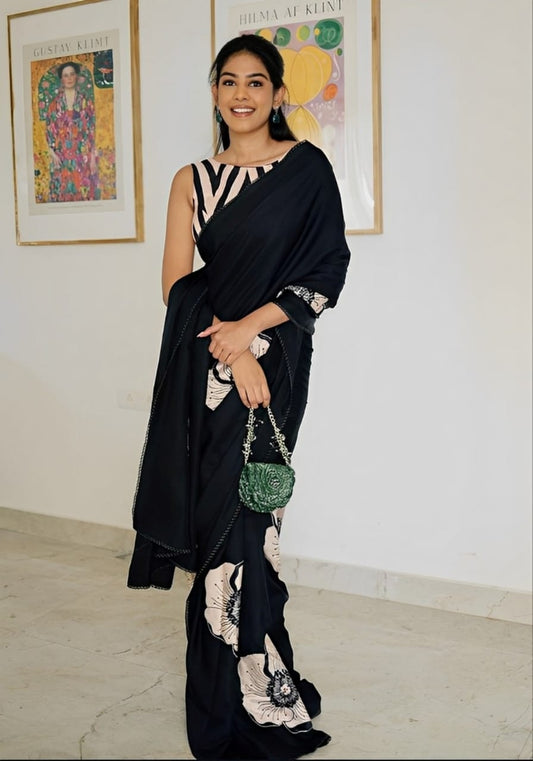 Bold Floral Print Satin Drape Saree
