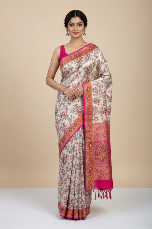 Gulbahar Kalamkari Silk Saree | Ivory & Rani Pink