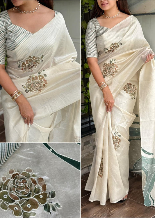 White saree with floral patterns worn by a woman, close-up of patterns, and full view of saree.