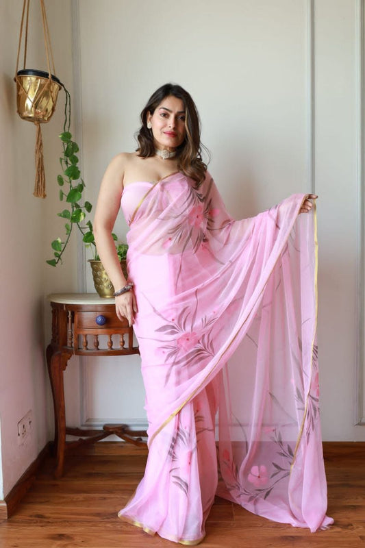 Hand-Painted Cotton Saree with Gold Print