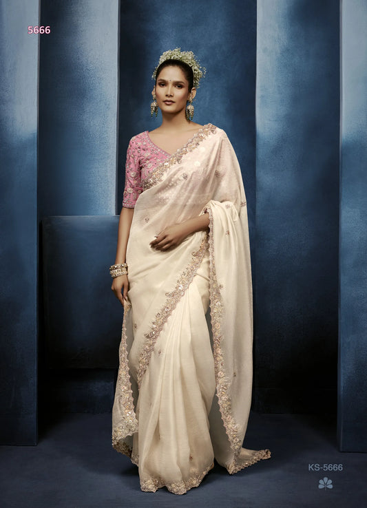 Ivory Mist Fancy Tissue Saree with Delicate Moti, Beads & Sequin Work — Ready Blouse