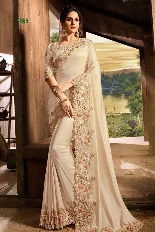 Vasundhara Heritage Tissue Beige Silk Saree – Handcrafted Embellished Royal Collection